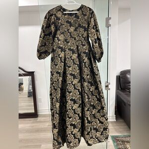 VINTAGE FRENCH GOLD ROSES BLACK DRESS GOWN